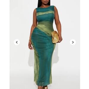 NWT Fashion Nova Green Sending My Love Ruched Mesh Maxi Dress Plus Size: 1X